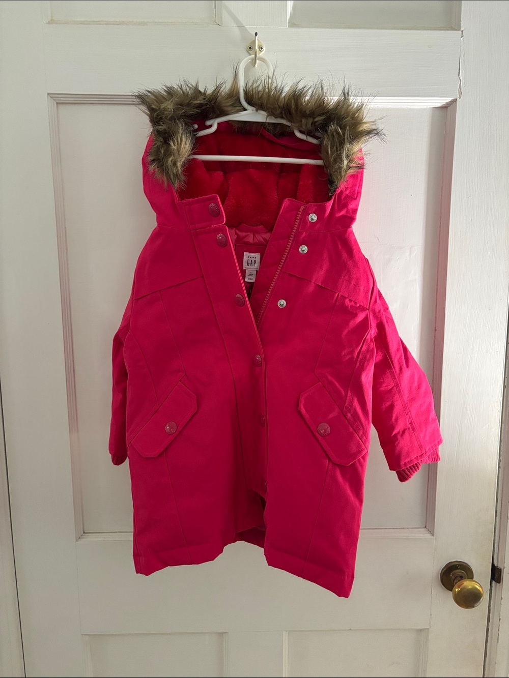 GAP Girls Bright Pink Faux-Fur Hooded Puffer Coat